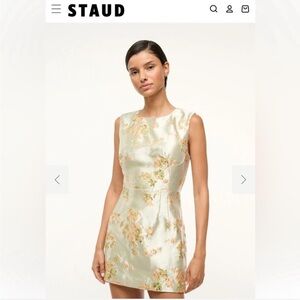 STAUD Satin Midi Dress - Cream and Gold Floral
